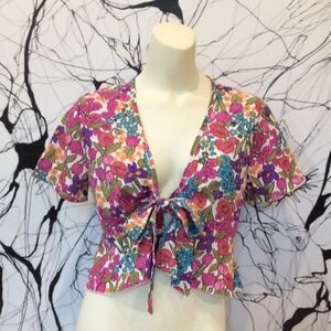 Elegant Vibrant Floral Print V-Neck Tie Knot Short Sleeve Blouse